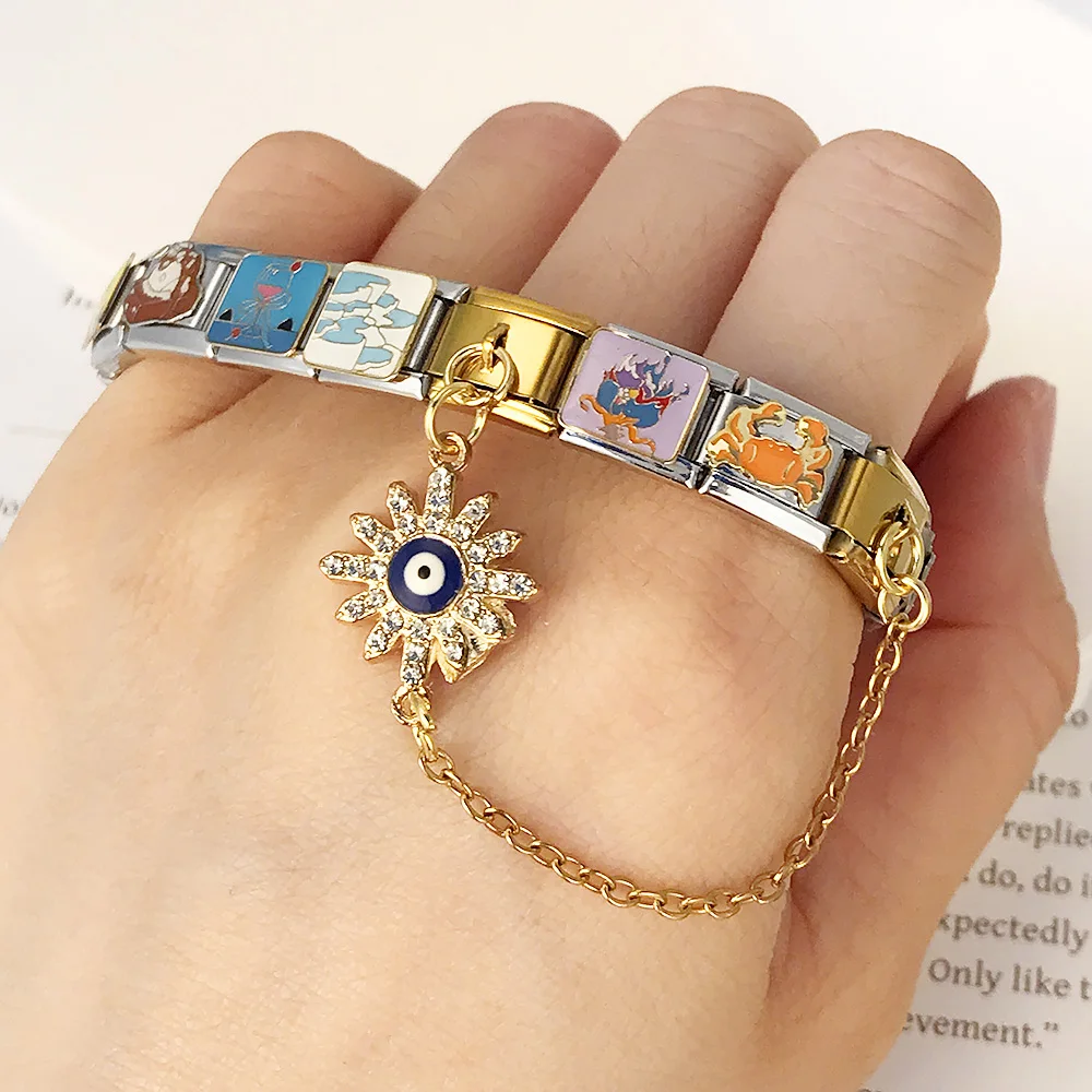 URING Design Hängekette Libelle Palm Evil Eyes Edelstahl Italienischer Charm Link Fit 9mm DIY Herstellung Anhänger Armband Geschenk – Detail 12