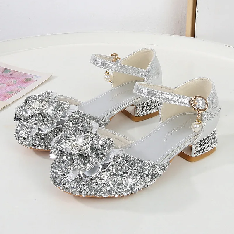 

Детские сандалии, роскошная обувь со стразами для девочек, модная повседневная детская обувь с блестками на высоком каблуке, обувь для выступлений на сцене