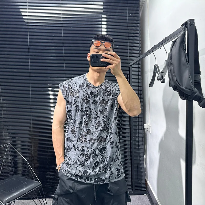 Camiseta sin mangas Punk con agujeros rasgados para hombre