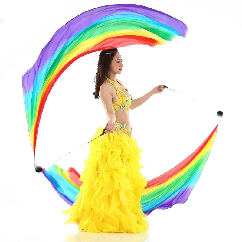 

Women 100% Real Silk Belly Dance Veil Poi 1 Set =2 Veils+2 Balls+2 Chain