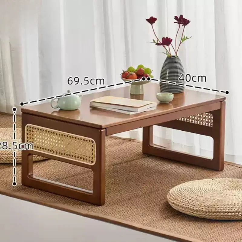 Foldable Tatami Bay Window Table, Japanese Rattan Tea Stand, Compact Floor Coffee Table, Low Desk for Balcony or Window-Side