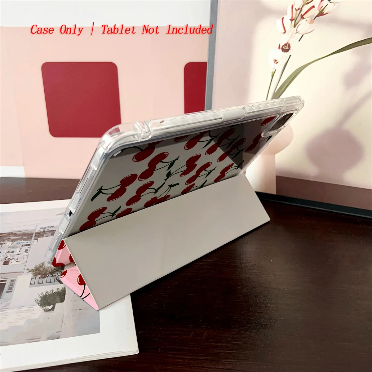Elegant Crimson Cherry Pattern Shockproof Tablet Case with Hand Strap