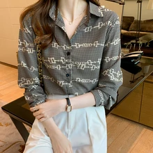 

Woman Shirts 2022 Spring Small Houndstooth Stitching Print Fashion Plaid Shirt Tops Korean Fashion Button Up Camisas De Mujer