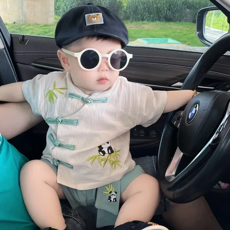 

2 Colors Kawaii Stand Collar Disc Button Panda Embroidery Short Sleeve Tang Suit Boy Girl Baby Summer Vintage Children Clothing