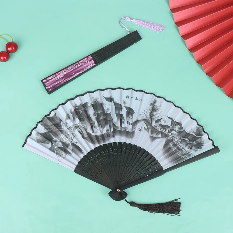 1Pcs Vintage Silk Folding Fan Chinese Japanese Tassel Bamboo Dance Hand Fan Home Decoration Ornaments Craft Gift