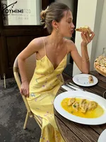 Oymimi Casual Yellow Print Women's Dress Elegant Spaghetti Strap Open Back Dresses Autumn Fashion High Waist Ankle-Length Dress - Image 3