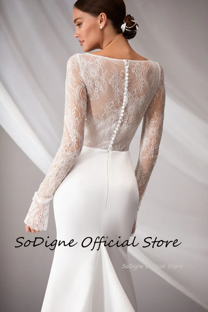SoDigne Mermaid Elegant Wedding Dress Square Collar Full Sleeves Satin/Lace Bride Dresses Split Bridal Gown Vestido De Noiva 14 S1c705004deca4aa29946a03682bc37deE