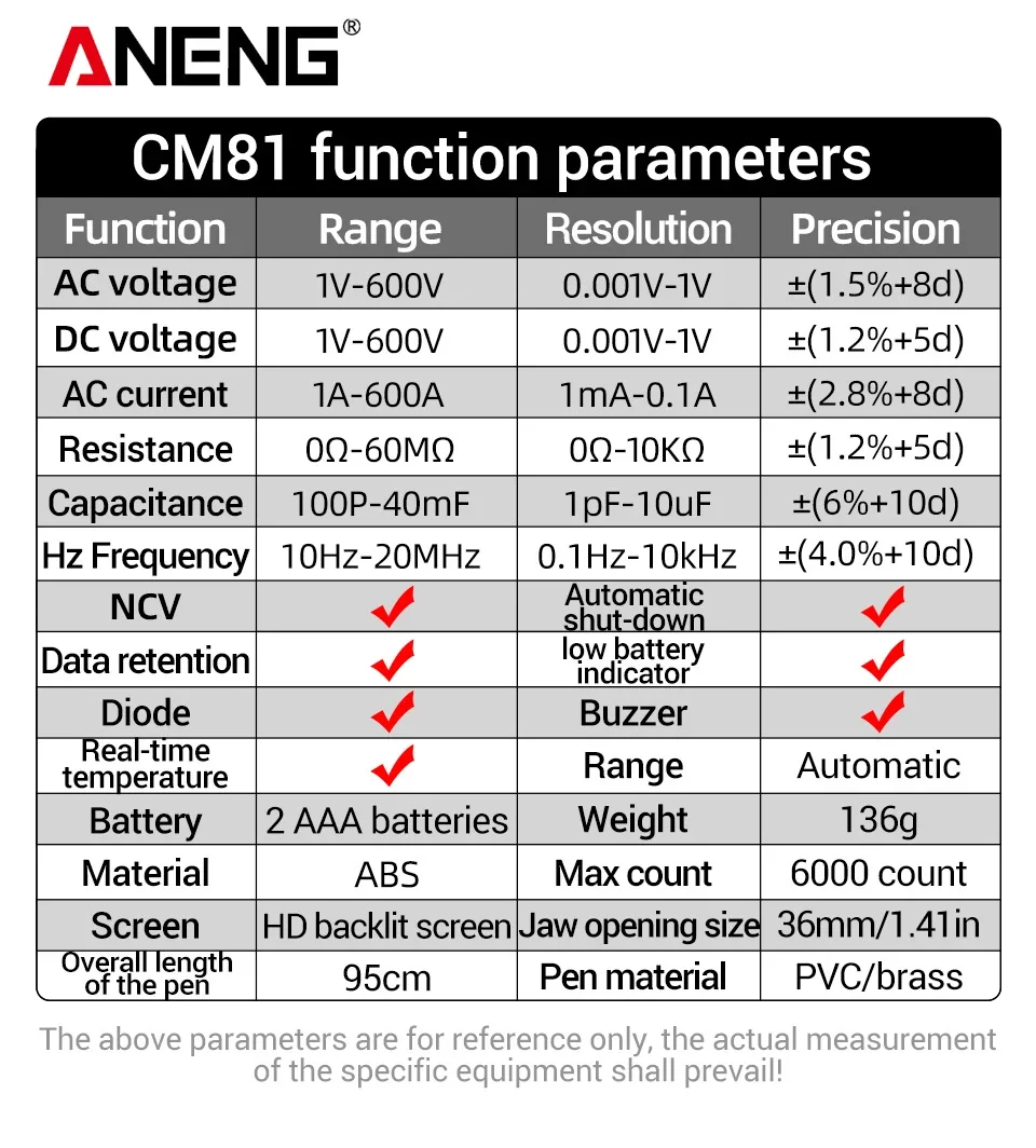 ANENG CM81 Digital Clamp Multimeter - AC/DC Voltage, Current, Resistance, Capacitance, and Diode Tester High-performance, auto-ranging digital clamp multimeter for precise measurements of AC/DC voltage, current, resistance, capacitance, and diode testing. High-performance, auto-ranging digital clamp multimeter for precise measurements of AC/DC voltage, current, resistance, capacitance, and diode testing. S1c7055fe49c6461b80dd273a9dcff047w -