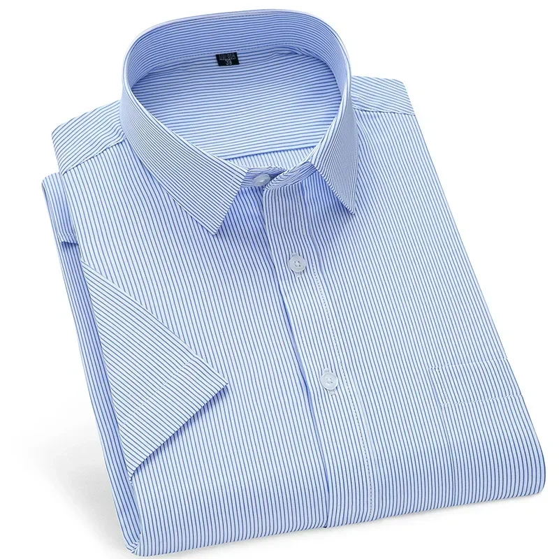

Men Solid Color Plaid Print Stripe Short Sleeve Slim Male Fashion Button-Down Work Shirts Casual Cotton Thin Formal Dress Shirt