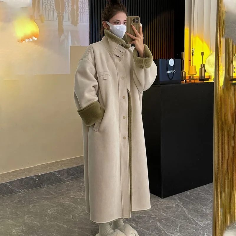 Women's Imitation Fur Coat, Long Over-the-Knee, Thick Lamb Wool, Warm Outwear, Loose Stand Collar, Casual Parkas, Winter, New