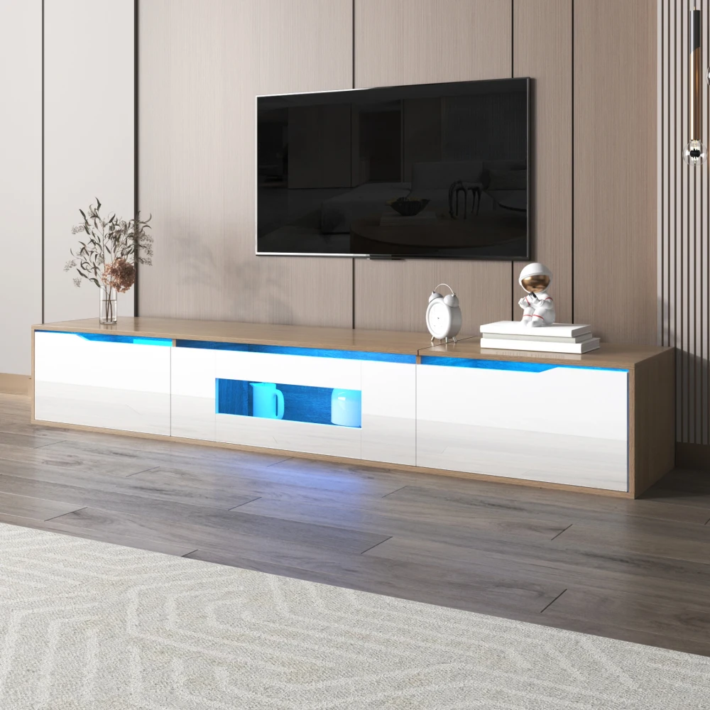 PINGGO Hochglanz-TV-Schrank Farblich Abgestimmte LED-Beleuchtung Weiß Holzton Heimunterhaltungs-Aufbewahrungseinheit – Detail 7