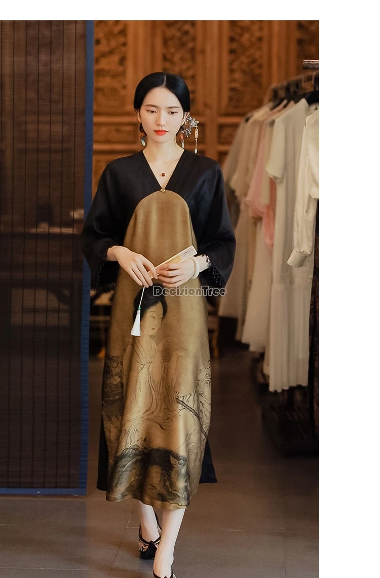 ethnic style brocade printing vintage robe new chinese style literature art temperament dress elegant lady daily clothing