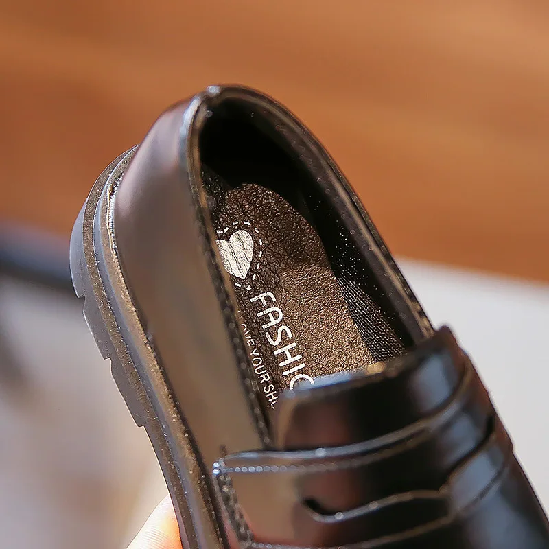 Leather Kids School Shoes Black Slip On Loafers