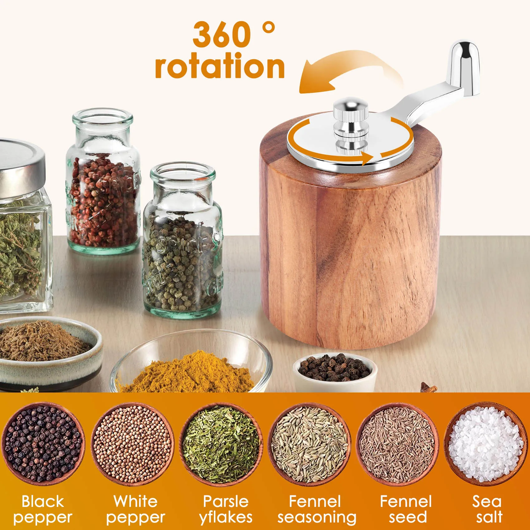 Pepper Mill Hand Crank Wood Pepper Grinder with Classic Handle and Adjustable Ceramic Rotor