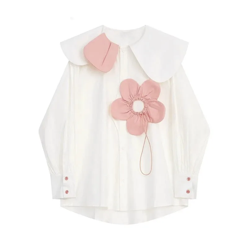 

Дизайнерская белая рубашка на пуговицах для женщин, Топ с длинным рукавом, матросский воротник, Милая рубашка большого размера, блузка