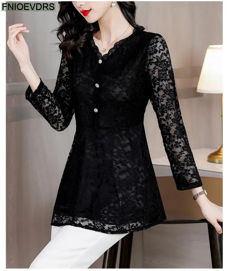 M-4XL 2023 Women Hot Sales Elegant Office Lady Work Button Black Lace Shirt Casual Belly A Line Tunic Peplum Tops And Blouses