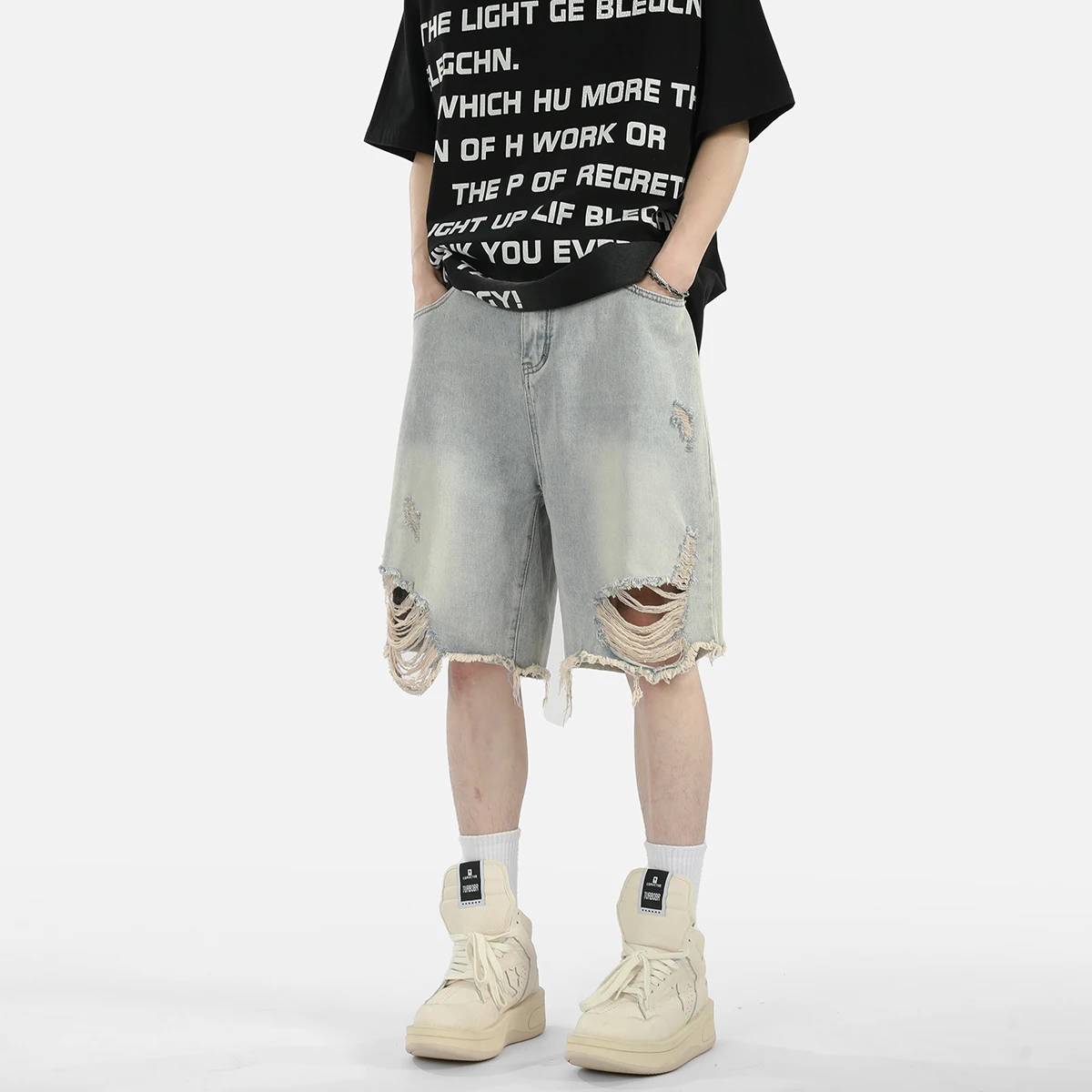 High street hip hop ripped denim shorts for men fashionable retro Y2K trendy streetwear loose casual washed jeans men's clothing