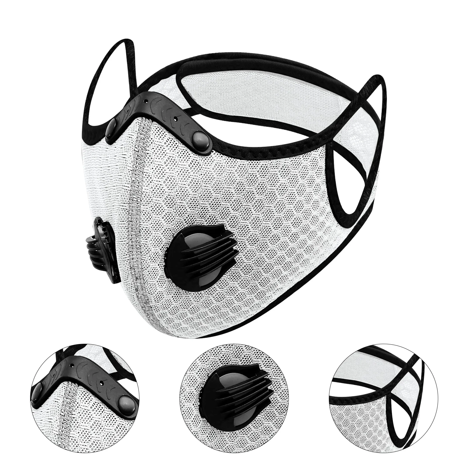 Masque réutilisable en tissu avec filtre au charbon actif porté par un sportif en extérieur, illustrant la protection contre le vent et l'eau.