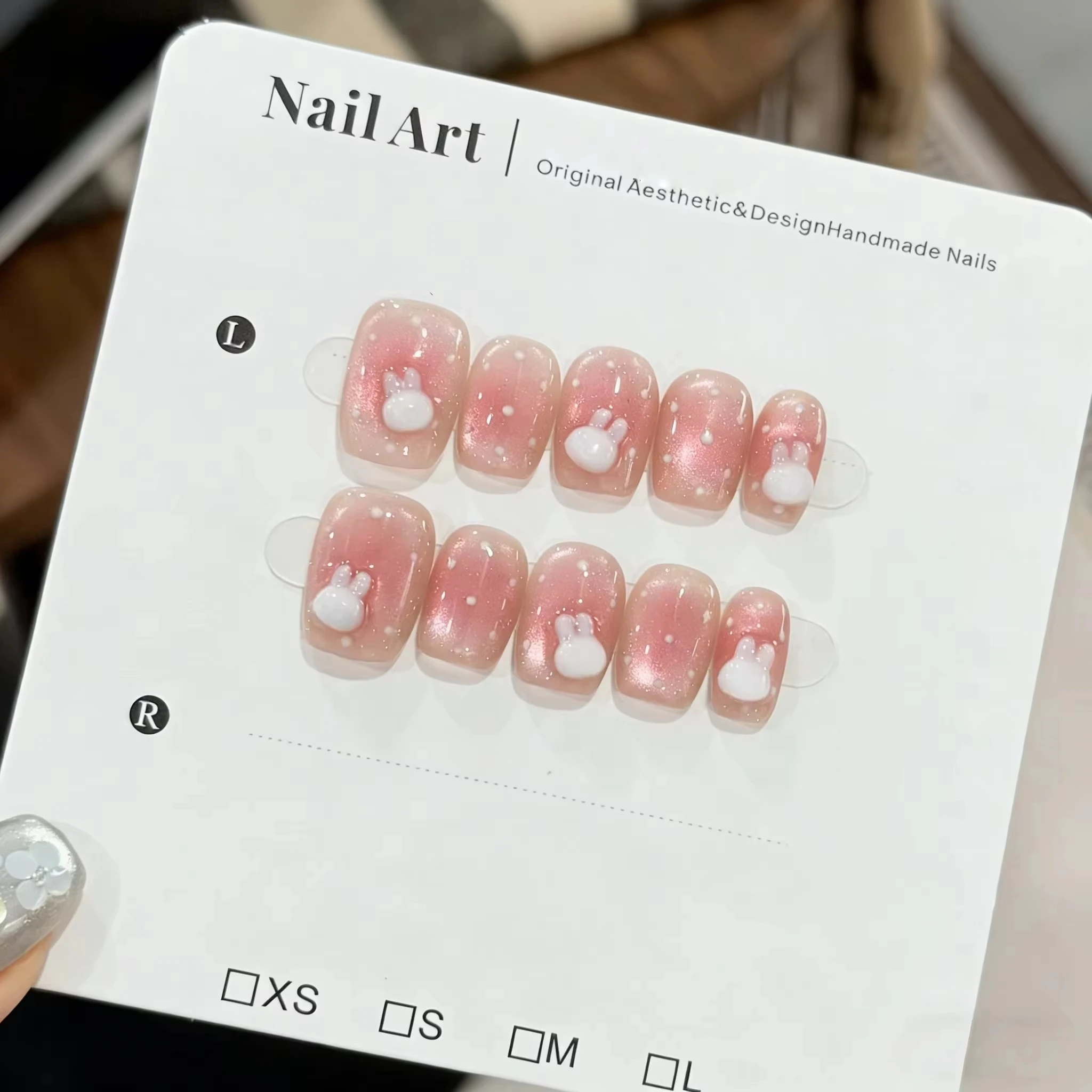 False Nails Rabbit Design 3d Handmade Polka Dot Cat-eye Blush Set_voghion.com