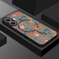 Translucent Matte Shockproof Phone Case with Orange Flower Design and MagSafe Compatibility for iPhone 15 (A348)