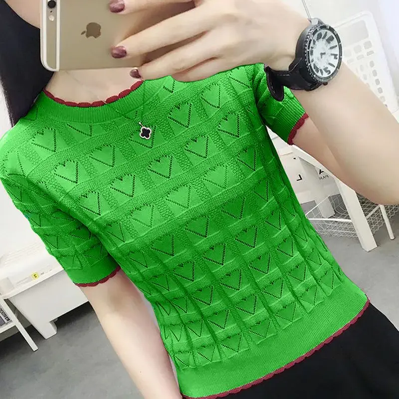 

Fashion Loose Knitted Ruffles Hollow Out T-Shirt Women's Clothing 2023 Summer New Casual Pullovers Short Sleeve Korean Tee Shirt
