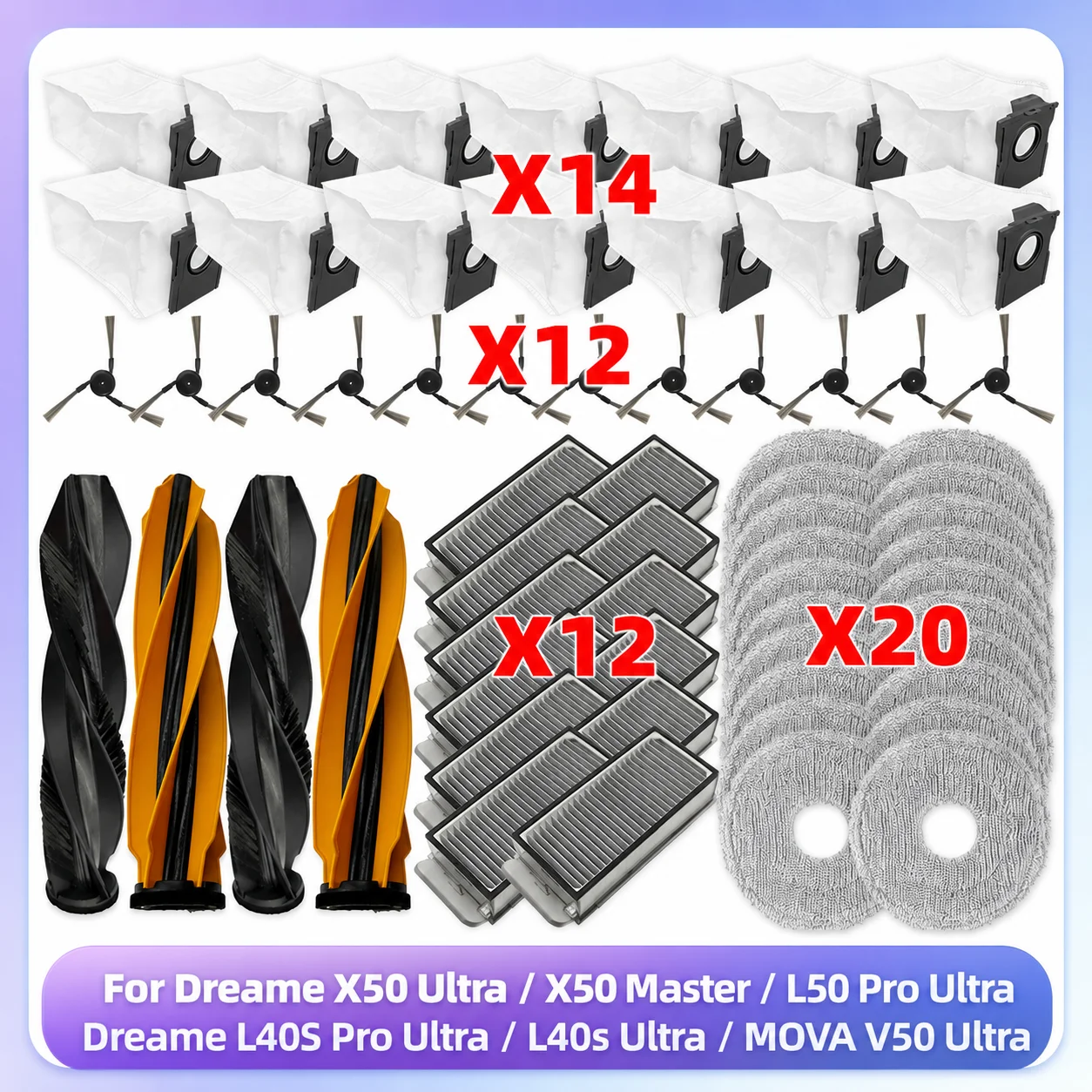 Passend für ( Dreame X50 Ultra/ L40S Pro Ultra/ L40s Ultra/ X50 Master / Mova V50 Ultra / L50 Pro Ultra / X50 Ultra Complete/X50 Pro) Staubsaugerteile zubehör Hauptrolle Seitenbürste Hepa-Filter Wischlappen Staubbeutel