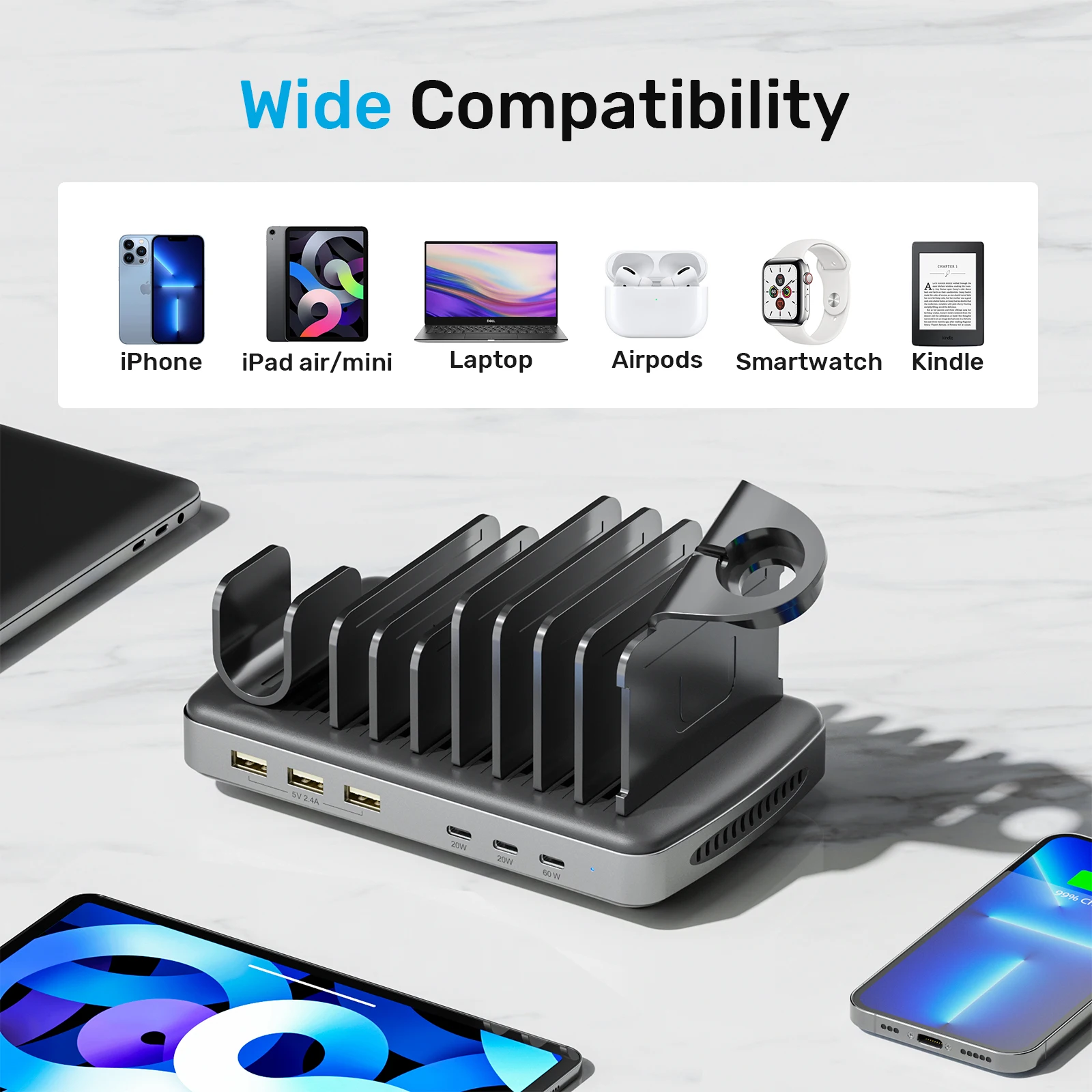 SooPii 60W 6-Port Charging Station for Multiple Devices, PD 20W USB C Fast  Charging for lPhone 14/13/12, 6 Short Cables Included, 2 in 1 Holder,for  Phones,Tablets and Others 