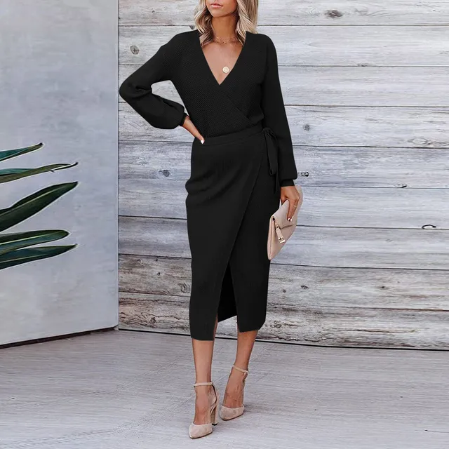 Wrap V Neck Long Sleeve Sweater Dresses For Women Autumn Winter Elegant Commute Tie Waist Bodycon Knit Midi Dress Party Vestidos 6