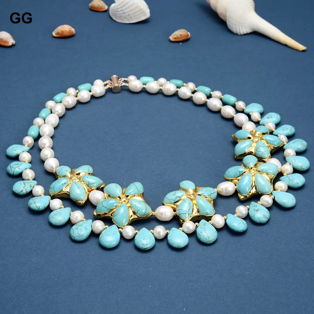 2 Rows Natural Cultured White Rice Pearl Blue Turquoises Flower Necklace Handmade For Women