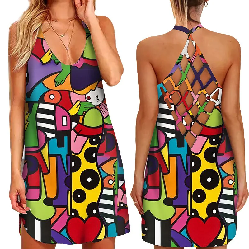 

Geometric Graphic Mini Dresses for Women's Clothing 2022 Summer Casual Loose Sexy Sleeveless Hollow Out Beach Sundress Ladies