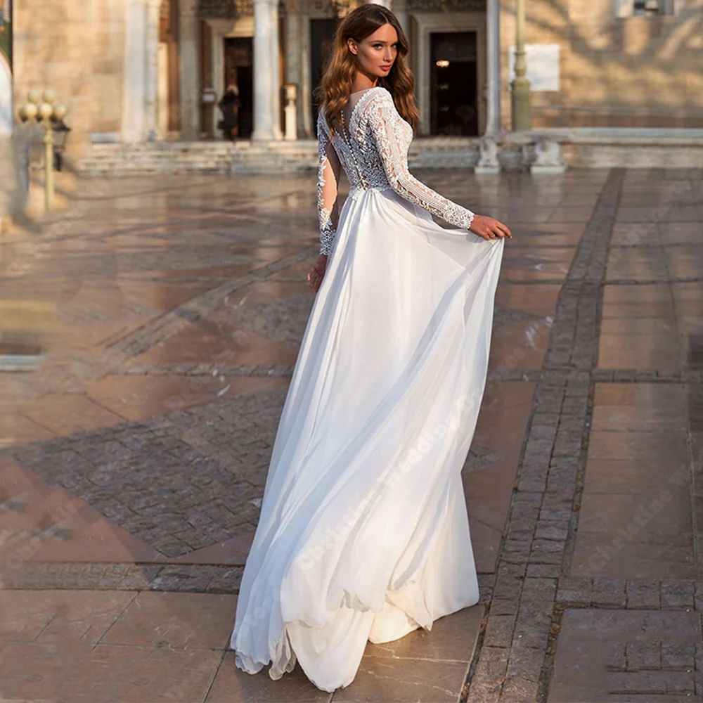 Deep-V Neck Women Wedding Dresses Lace Long Sleeves A-Line Bridal Gowns Customized Engagement Ball Vestidos De Novias Customized 4