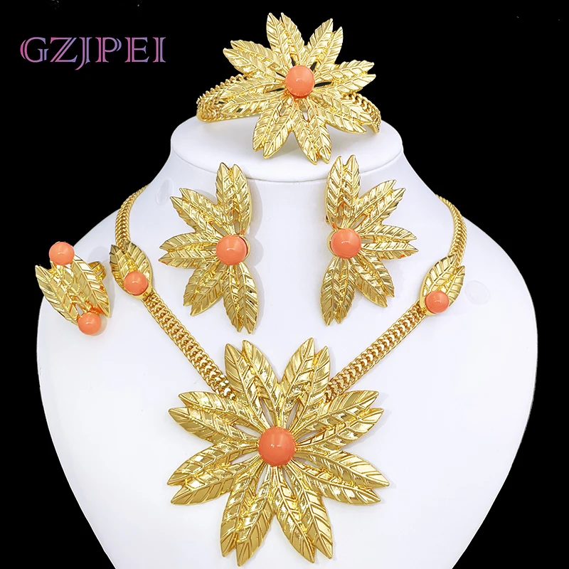 

Women Jewelry Set African Nigeria Bold Jewelry 18K Gold Plated Plant Leaves Necklace Earring Bracelet Ring Imitation Pearls