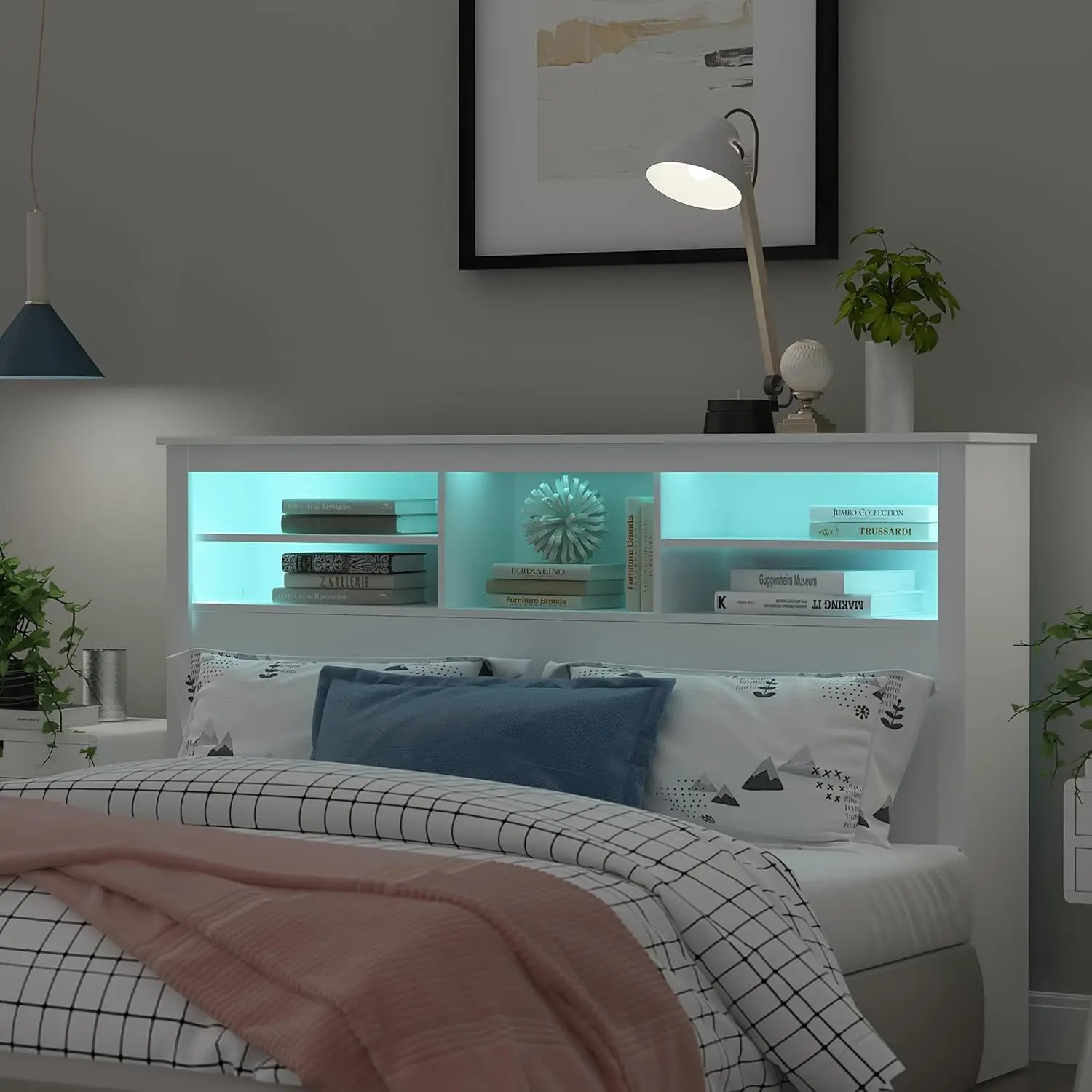 Full/Queen Size Headboard with Adjustable Light, Wood Modern Headboard with 5 Storage Shelves, Bluetooth, Remote & USB Port for