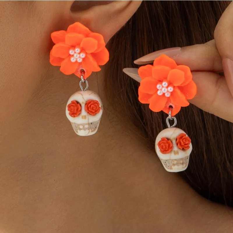 Halloween Punk Gothic Y2K Black Skull Camellia Girls Fun Cosplay Piercing Earrings Holiday Party Gifts Jewelry Accessories