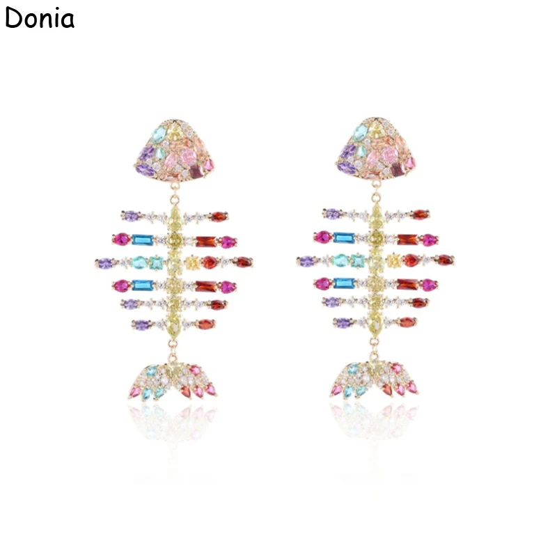Donia Jewelry Fashion Long Fishbone Titanium Steel Micro-Inlaid AAA Zircon Earrings Luxury Silver Needle Accessories