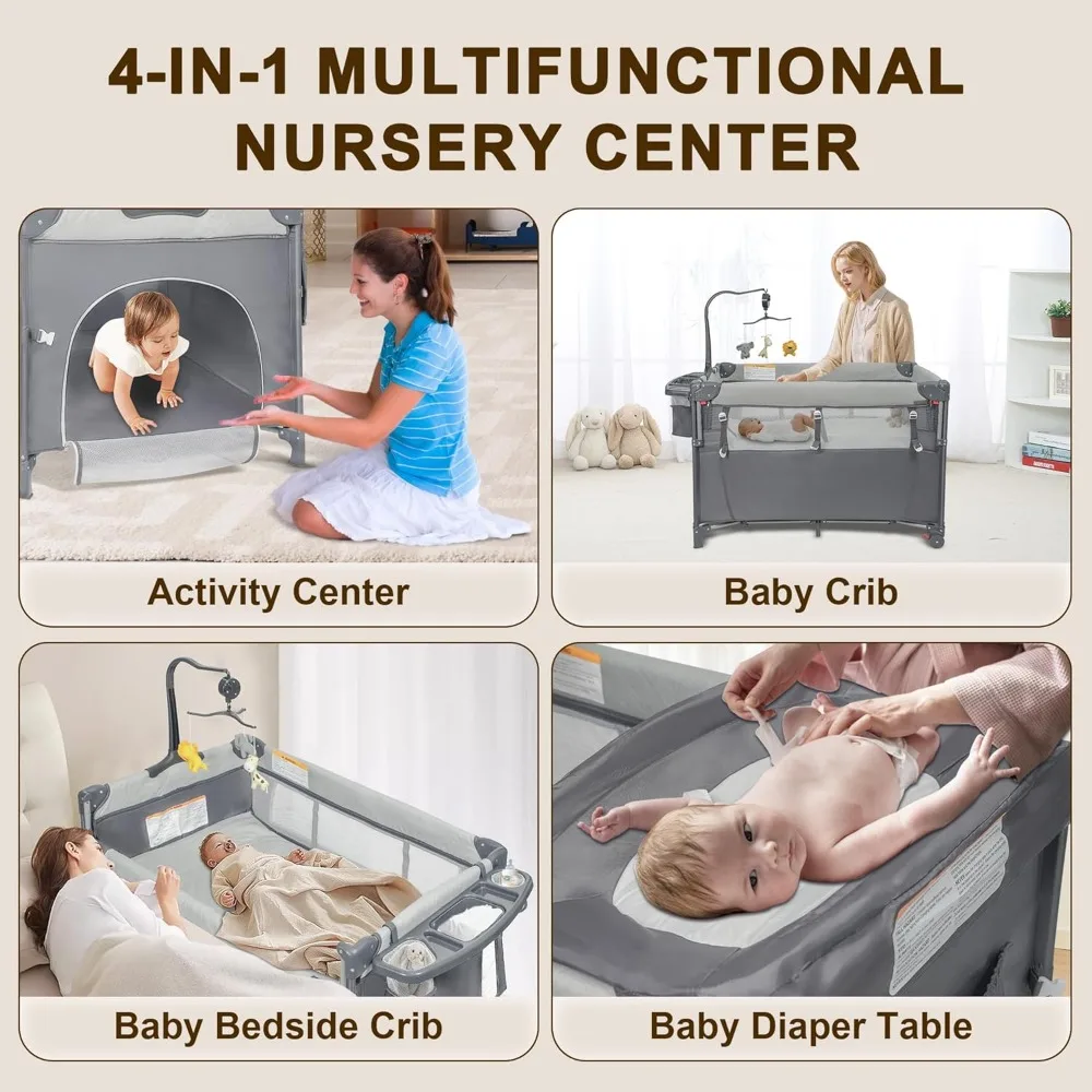 Baby Bassinet Bedside Crib, 6-in-1 Pack and Play with Bassinet, 4 Height Adjustable Bedside Crib, Newborn Portable Bassinet 2