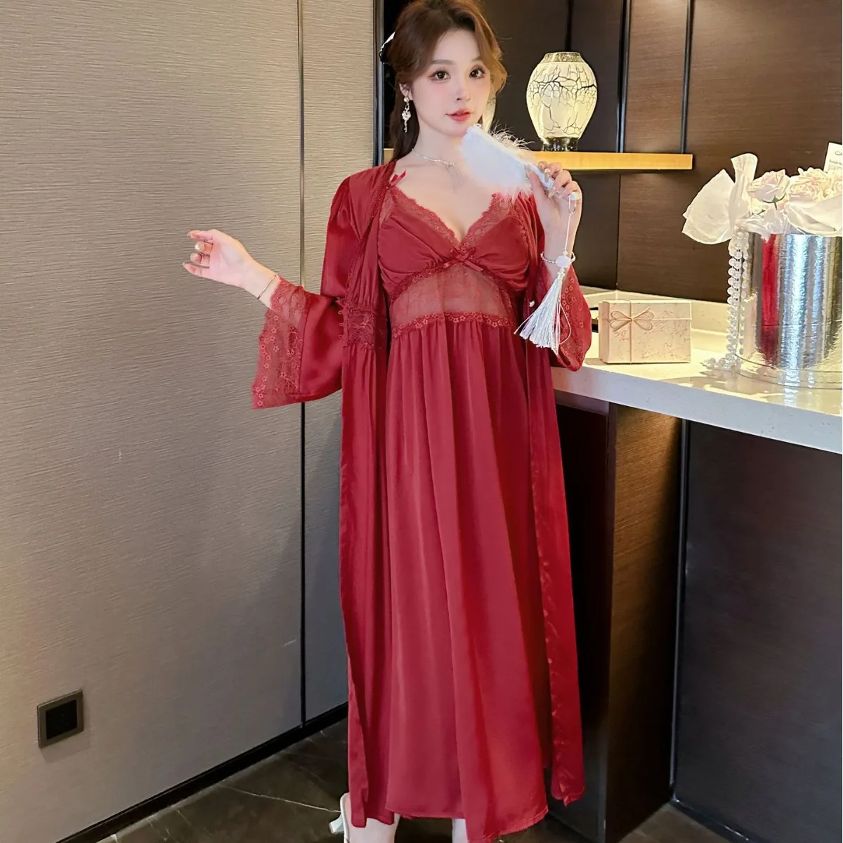 

Комплект женский кружевной с халатами, пикантная ночная рубашка, свадебное кимоно, атласное домашнее платье, домашняя одежда, лето