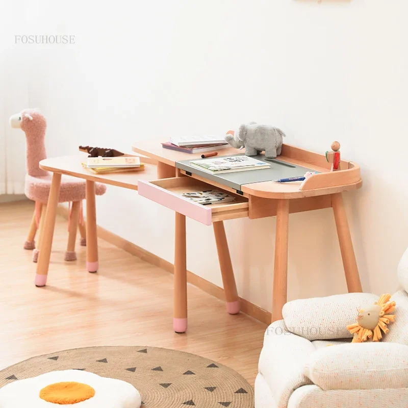 Solid Wood Nordic Small Apartment Children's Table Creative Designer Study Double Desk for School Learning Drawer Storage Tables