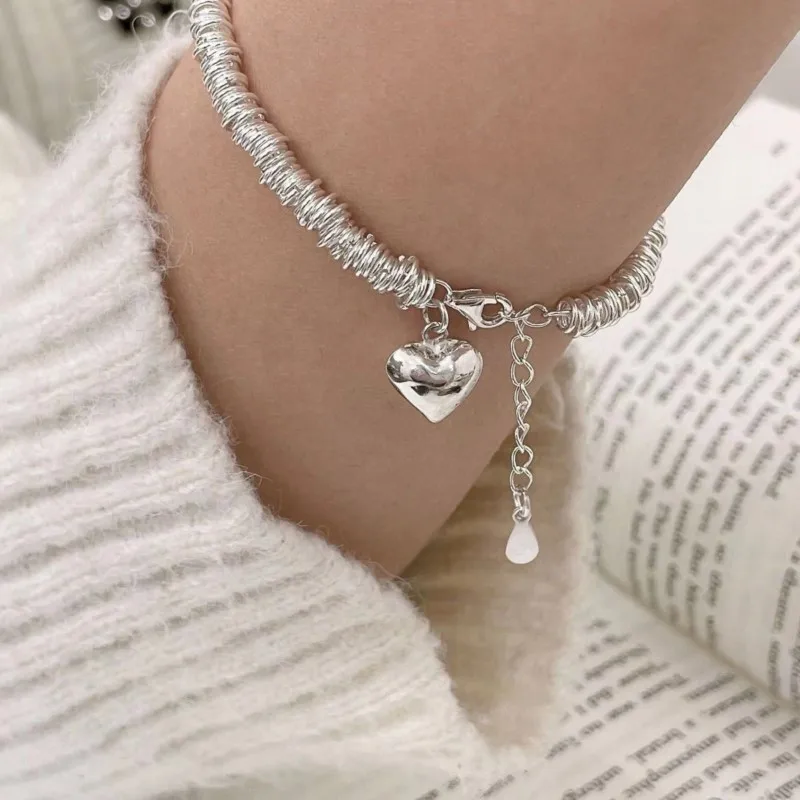 2024 New Trend Silver Color Thick Chain Jewelry Sets for Women Necklace Bracelet LOVE Heart Pendant Party Jewelry Gifts