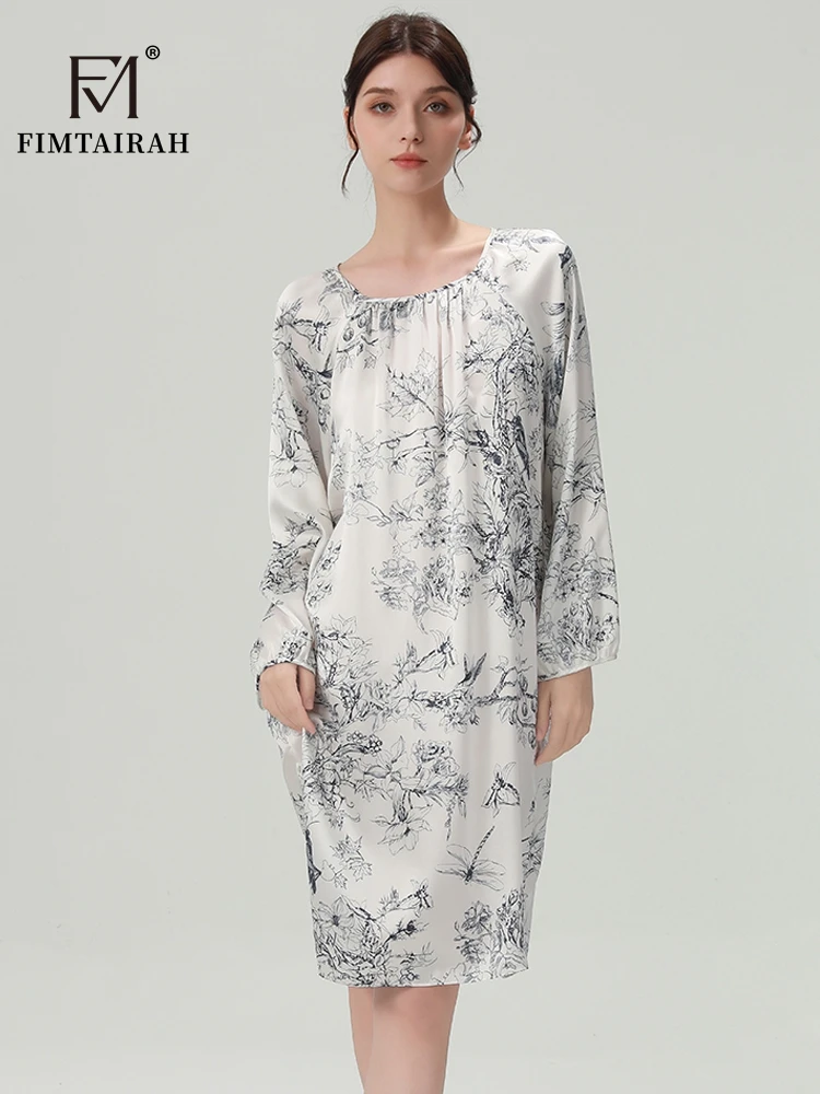 FIMTAIRAH 6A 19MM Silk Nightgown, long pajamas, long-sleeved silk high-end round-neck home wear Dress Night 5