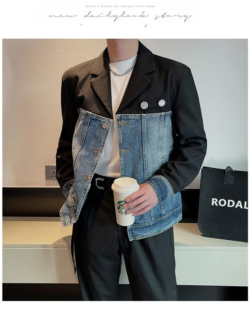 Spring Plaid Men's Denim Jacket Fashion Slim Fit PU Patchwork Bomber Jacket  Men Casual Social Streetwear Coats Men Clothing 2023