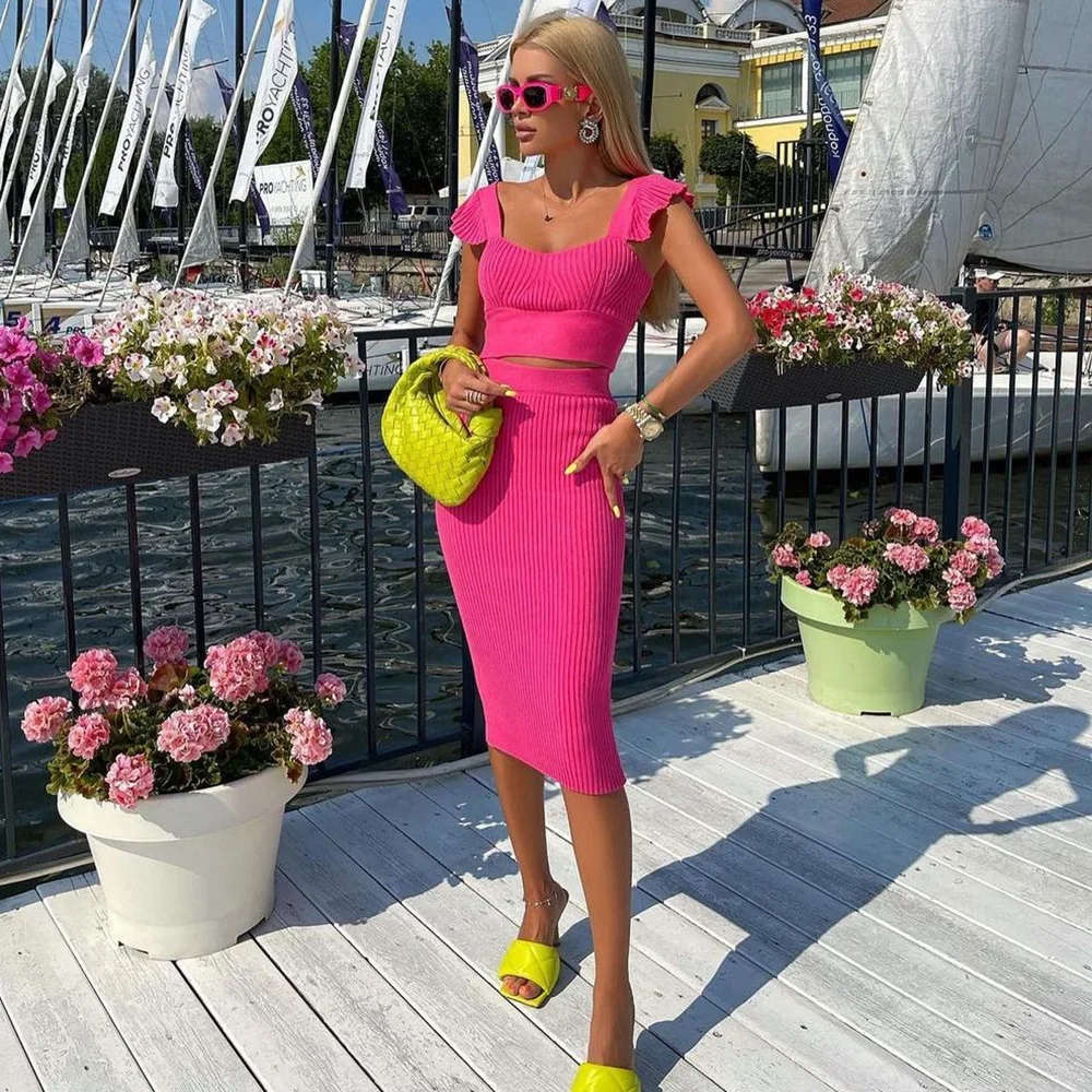 

7 Colors Fashion Summer Autumn Women Bandage Dress Sexy Slim V-Neck Bodycon Evening Club Party Dresses Vestido Two Pieces Set