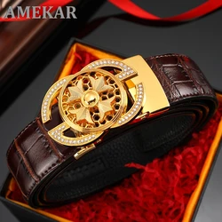 Luxury Genuine Leather Men Belt Jeans Rhinestone Metal Rotatable Belt Buckle High Quality Business Belt Male Waistband Belts New