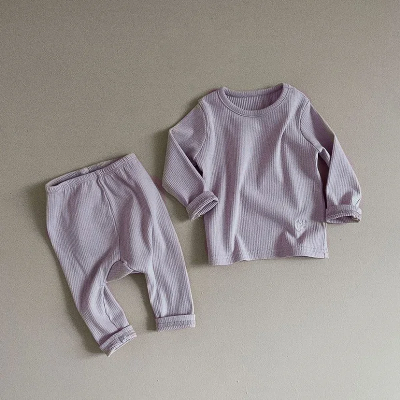 New Autumn Baby Boy Girl Pajamas Solid Pit Stripe O-neck Pullover Top+Elastic Waist PP Pants Newborn Home Wear Nightgown E8311
