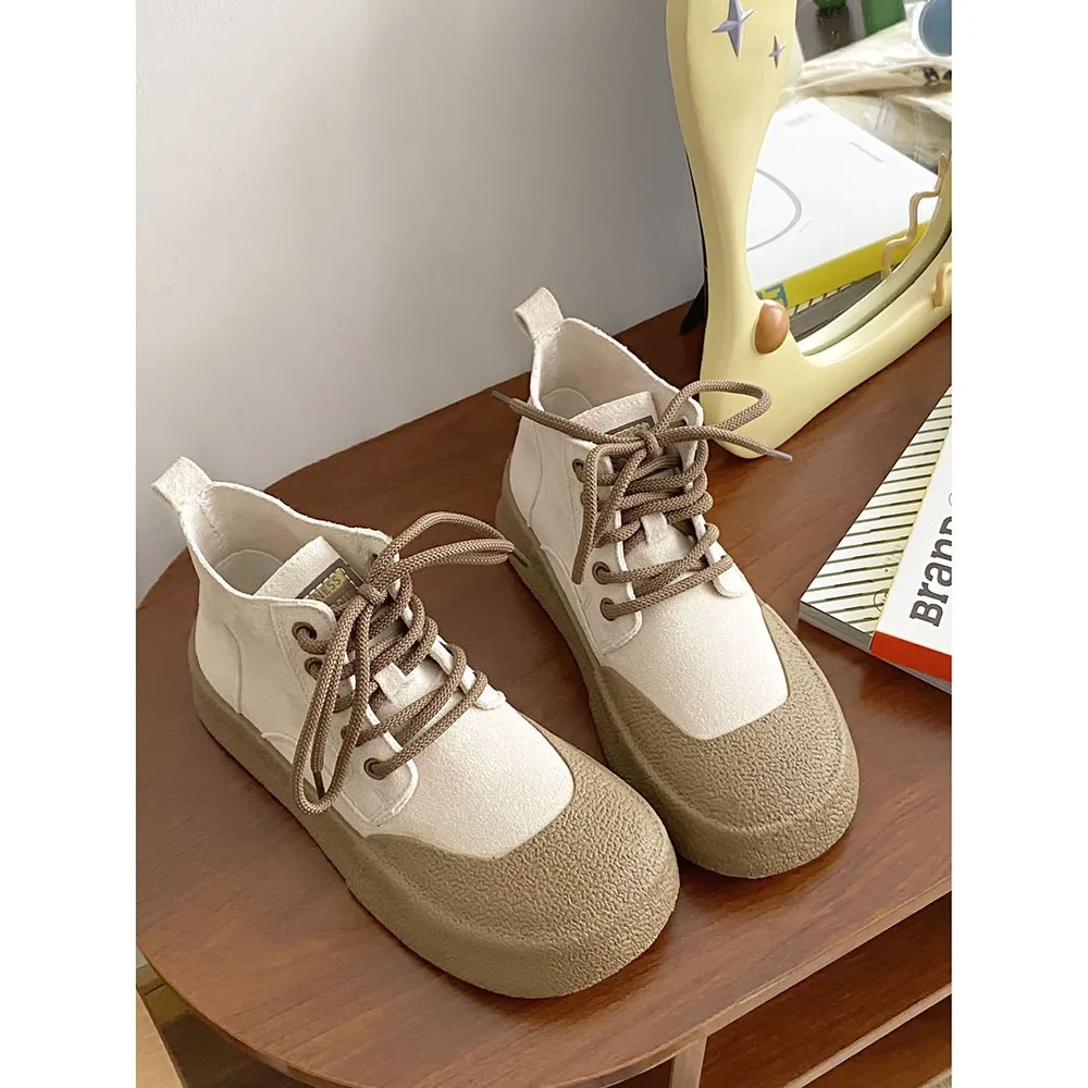Square Head High Top Fashion Women Casual Shoes 2024 Spring New Genuine Leather High Thick Bottom Top Quality Women Shoes 24-154