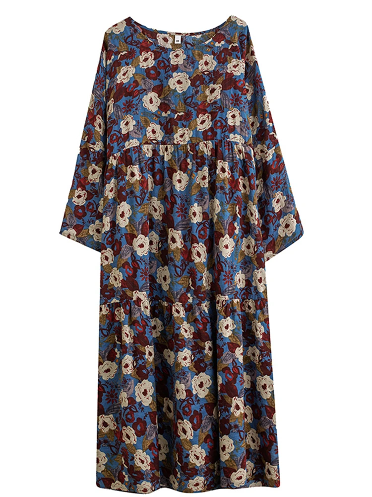 2025 Spring Autumn Cotton Vintage Long Sleeve Print Dresses For Women Casual Loose Dress Office Lady Vestidos Elegant Clothing