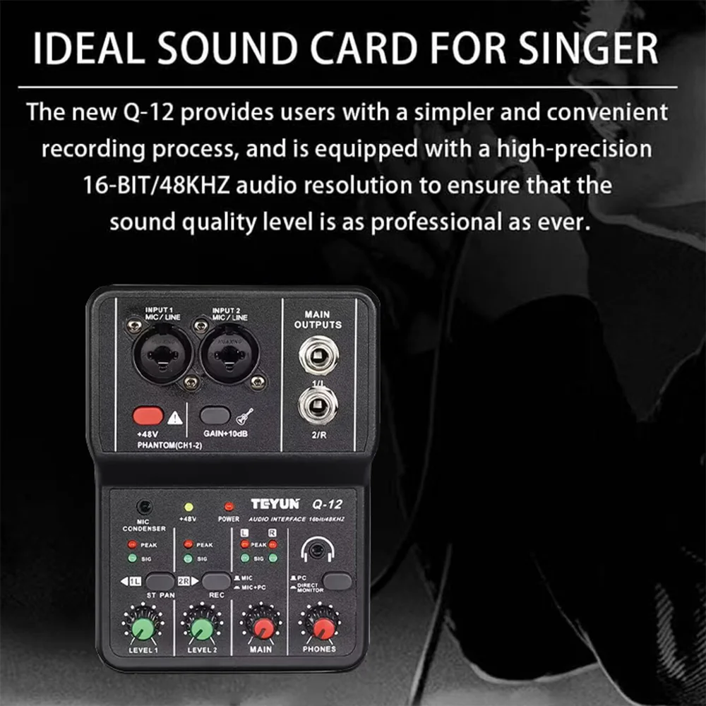 Audio Mixer BOMGE Q-12 2 Channel Sound Mixing Console USB 48V Phantom Power Compact Amplifier Adapter for Recording