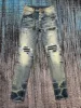 men retro leather patchwork skinny distressed jeans 1