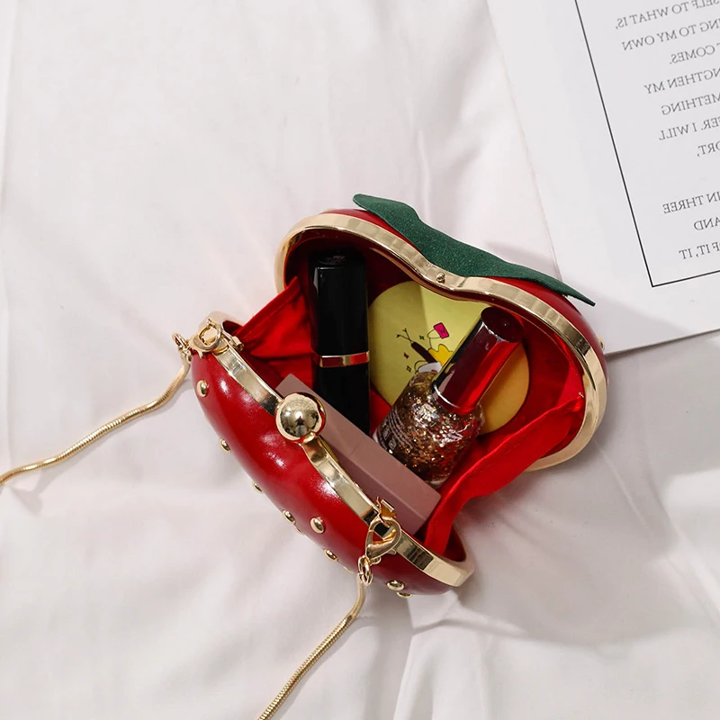 Cute Fruit Strawberry Heart Shape Pu Rivet Mini Fashion Ladies Chain Purse Clutch Bag Shoulder Bag Tote Female Flap Handbag