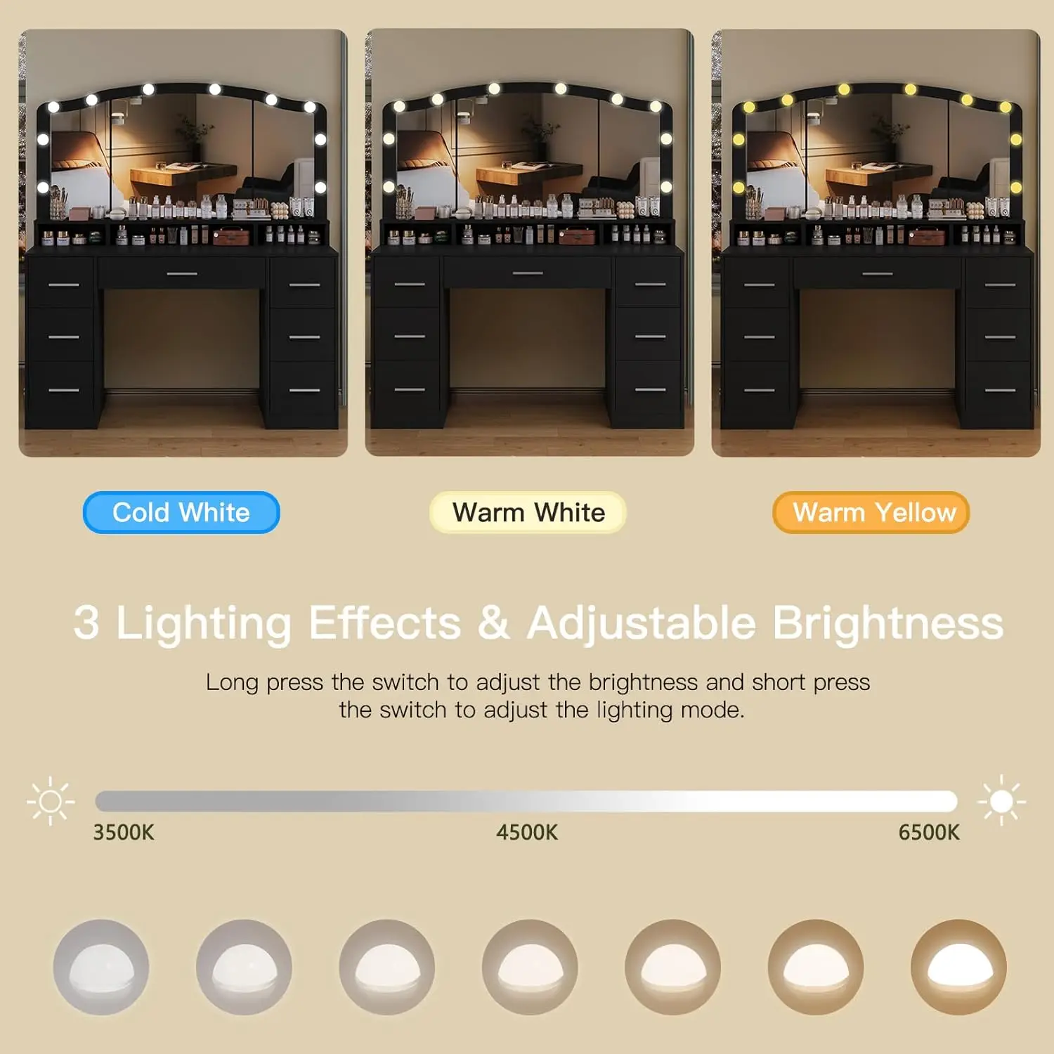 43.3" Vanity Desk with Large Lighted Mirror Makeup Vanity Table with 7 Drawers & 10 Lights Bulbs 3 Lighting Colors Make Vanity